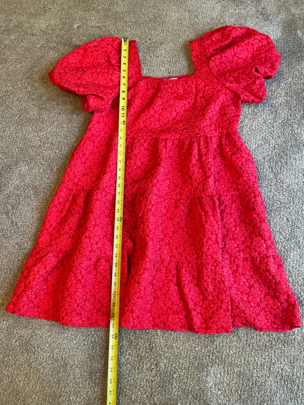 Southern Grace Jasmine Bright Red Puff-Sleeve Tiered Baby Doll Dress Size L - Picture 9 of 10